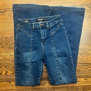 Dollhouse Curvy Vintage High Waisted Dark Wash Seamed Flare Jeans